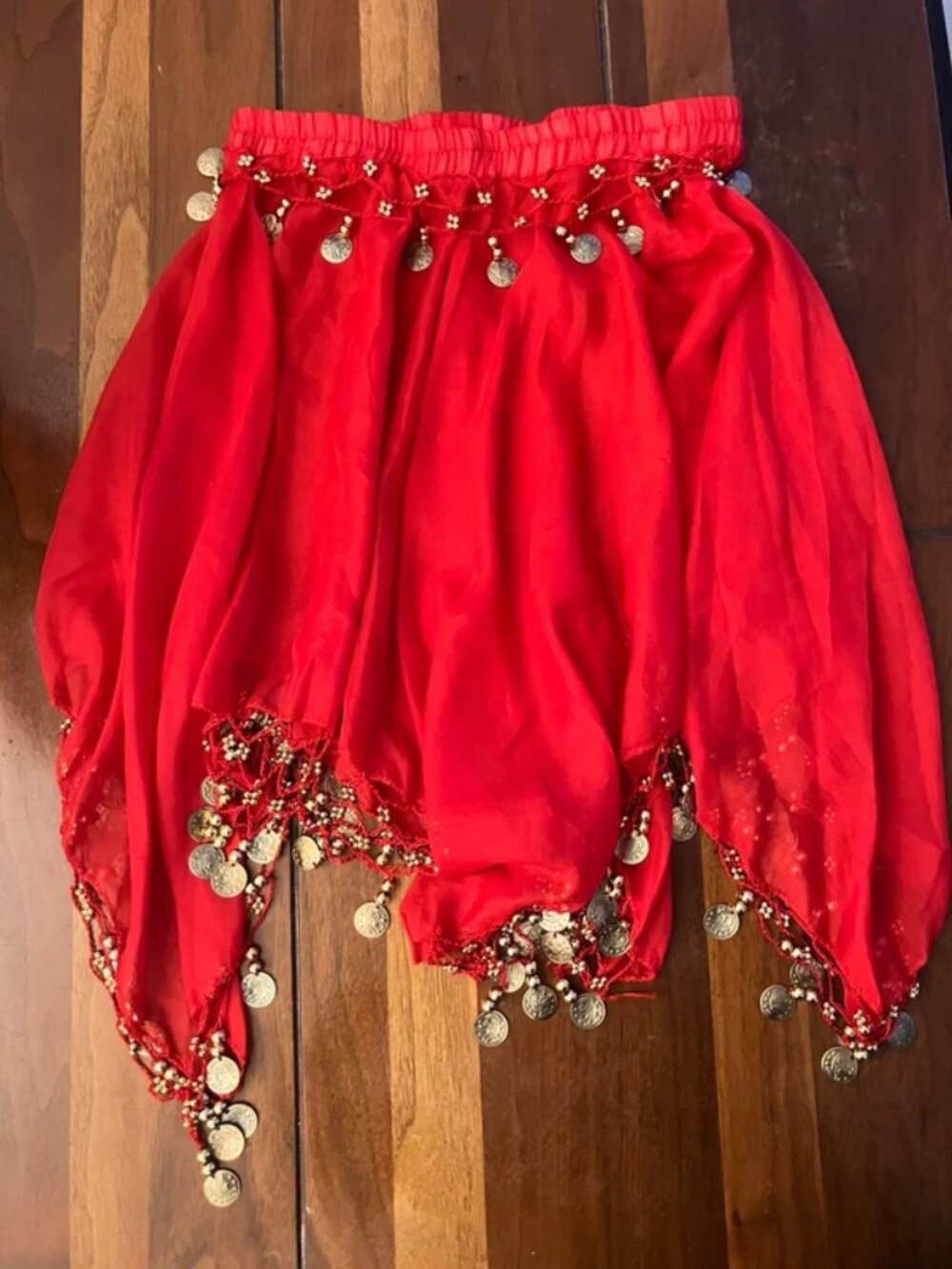 Bellydance Elastic Waistband Red Short Skirt Chiffon Coin Tassels